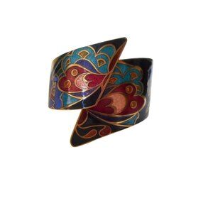 Vintage Estate Cloisonne hinge cuff bracelet butterfly floral gold black multi